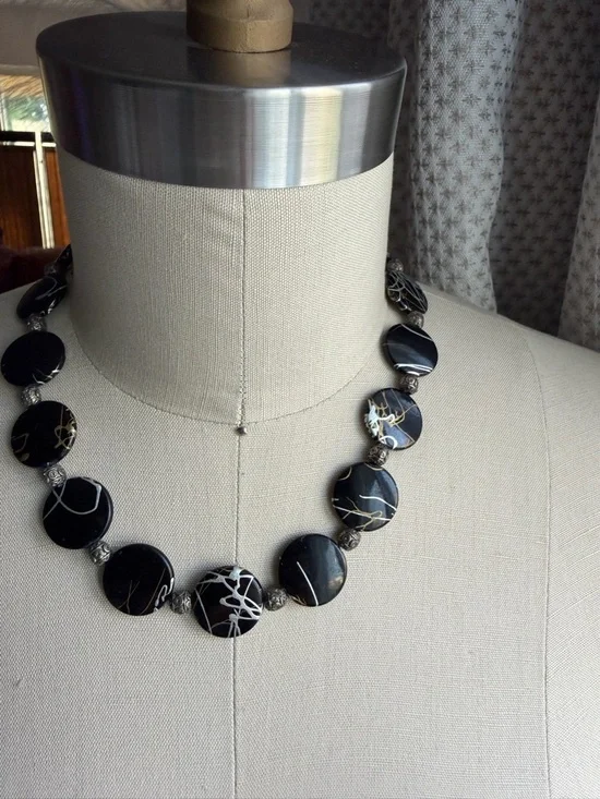 Black Silver and Gold Disc Choker Statement 16” Necklace with Toggle Closure - Picture 8 of 9